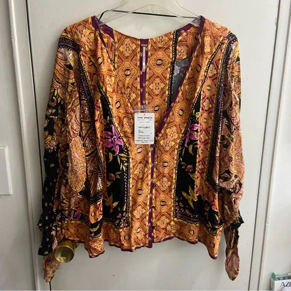 Free People Orange and Black Patterned Blouse - Picture 1 of 5